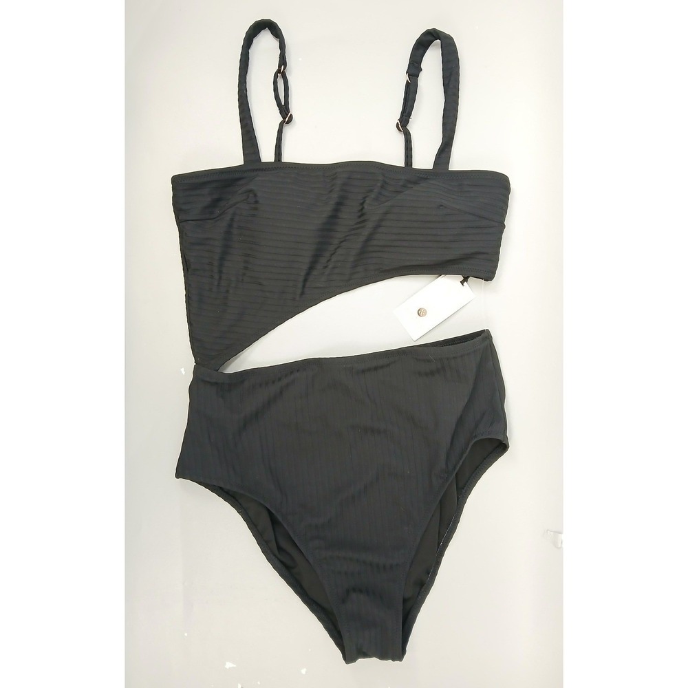 Shade & Shore One Piece Swimsuit Women M Black Cutout Ribbed Monokini Minimalist